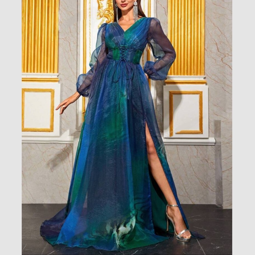 Luxe V neck slit thigh party formal evening wedding gown dress